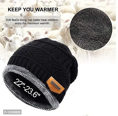 UPAREL Men's and Women's Warm Knitted Fur Lined Winter Beanie Cap Neck Scarf Set - 2 Pieces (Black)-thumb3