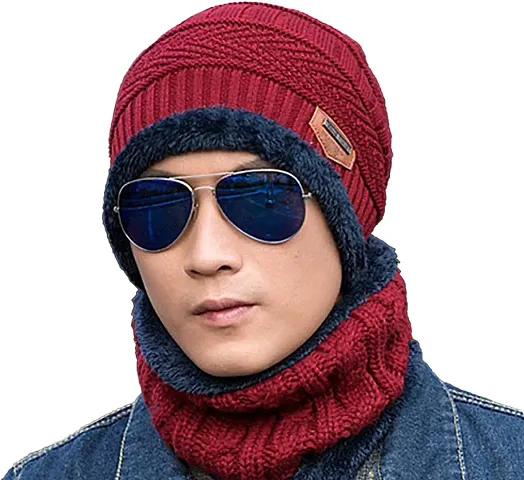 Ultra Soft Unisex Woolen Beanie Cap + Neck Scarf Set - Warm, Snow Proof