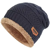 UPAREL Woolen Warm Winter Acrylic Wind Proof and Snow Proof Unisex Cap (Inside Fur) (Navy Blue)-thumb1