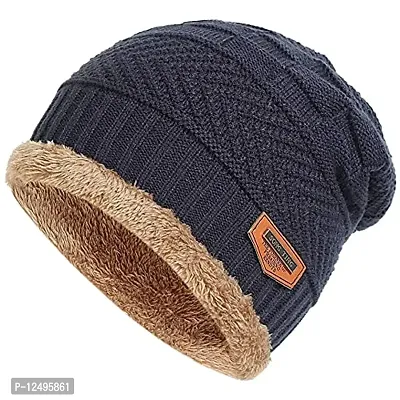 UPAREL Woolen Warm Winter Acrylic Wind Proof and Snow Proof Unisex Cap (Inside Fur) (Navy Blue)-thumb2