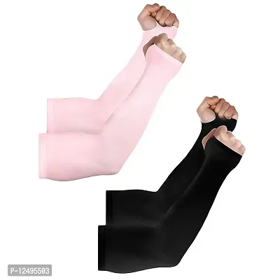 UPAREL Ladies/Gents Cotton  Spandex UV Protection Cooling Arm Sleeves for Men  Women. Perfect for Cycling, Driving, Running, Basketball  Outdoor Activities (Free Size, 2 Pairs) (Pink-Black)