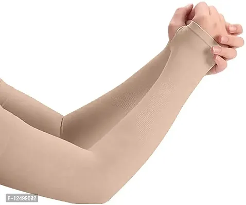 UPAREL Ladies/Gents Cotton  Spandex UV Protection Cooling Arm Sleeves for Men  Women. Perfect for Cycling, Driving, Running, Basketball  Outdoor Activities (Free Size, 2 Pairs) (Beige)-thumb2