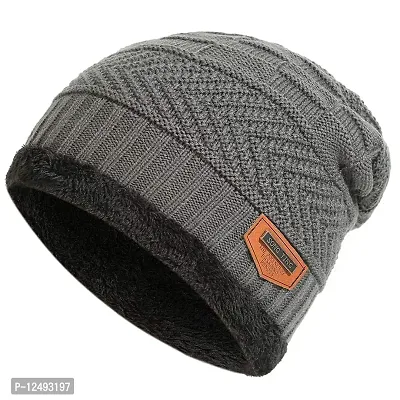 UPAREL Woolen Warm Winter Acrylic Wind Proof and Snow Proof Unisex Cap (Inside Fur) (Dark Grey)-thumb2