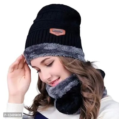 UPAREL Men's and Women's Warm Knitted Fur Lined Winter Beanie Cap Neck Scarf Set - 2 Pieces (Black)