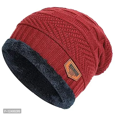 UPAREL Woolen Warm Winter Acrylic Wind Proof and Snow Proof Unisex Cap (Inside Fur) (Red)-thumb2