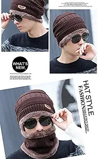 UPAREL Snow Proof Inside Fur Wool Unisex Beanie Cap with Neck Warmer Set Knit for Men  Women -Brown-thumb3