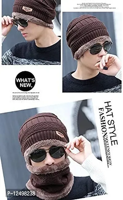 UPAREL Snow Proof Inside Fur Wool Unisex Beanie Cap with Neck Warmer Set Knit for Men  Women -Brown-thumb4