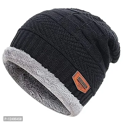 UPAREL Woolen Warm Winter Acrylic Wind Proof and Snow Proof Unisex Cap (Inside Fur) (Black)-thumb2