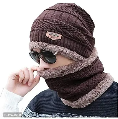 UPAREL Snow Proof Inside Fur Wool Unisex Beanie Cap with Neck Warmer Set Knit for Men  Women -Brown-thumb0