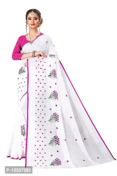 CHAMUNDA Women's Semi Linen Cotton Saree With Blouse Piece For Wedding And Function Wear (Pink  White)