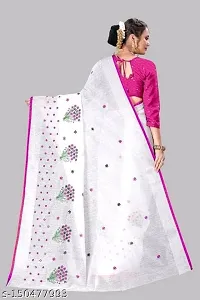 CHAMUNDA Women's Semi Linen Cotton Saree With Blouse Piece For Wedding And Function Wear (Pink  White)-thumb3