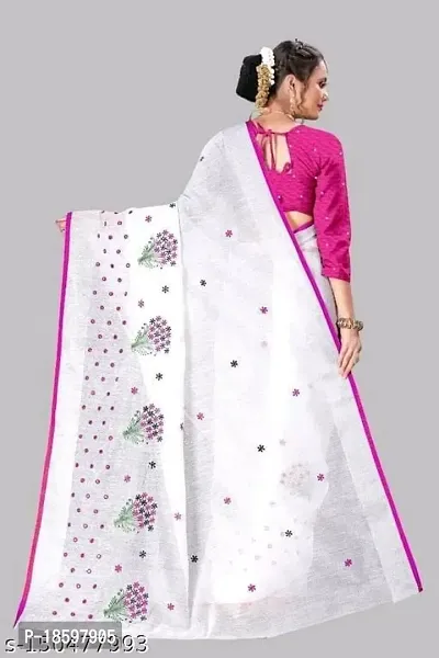 CHAMUNDA Women's Semi Linen Cotton Saree With Blouse Piece For Wedding And Function Wear (Pink  White)-thumb4