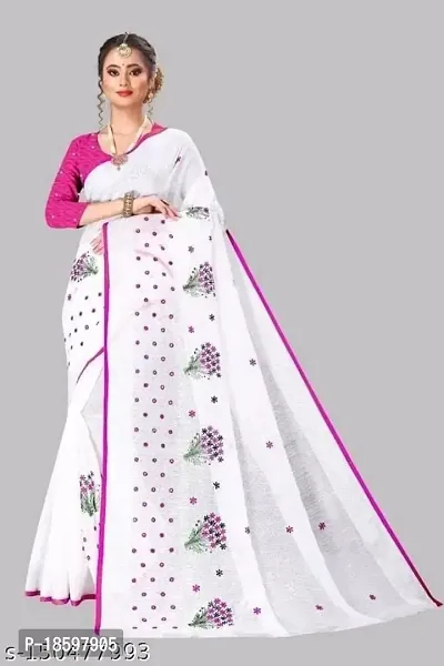 CHAMUNDA Women's Semi Linen Cotton Saree With Blouse Piece For Wedding And Function Wear (Pink  White)-thumb3