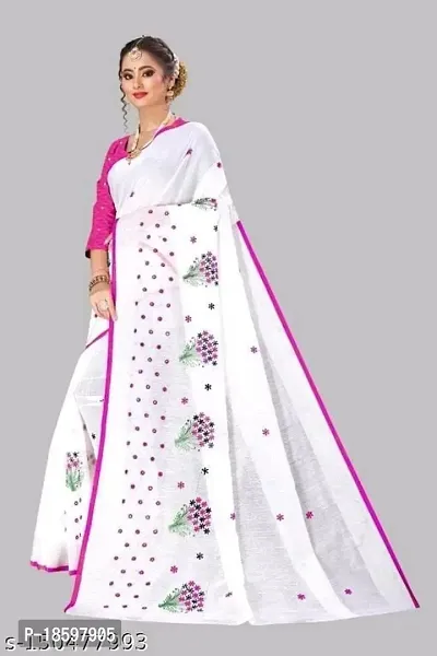 CHAMUNDA Women's Semi Linen Cotton Saree With Blouse Piece For Wedding And Function Wear (Pink  White)-thumb2