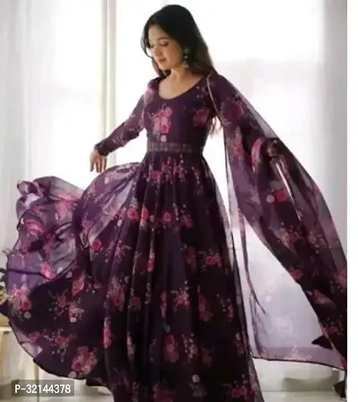 Stylish Purple Georgette Printed Stitched Ethnic Gown With Dupatta For Women