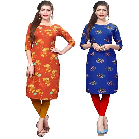 Stylish And Round Neck 3/4 Sleeves Digital Crepe Kurta For Women- Pack of 2