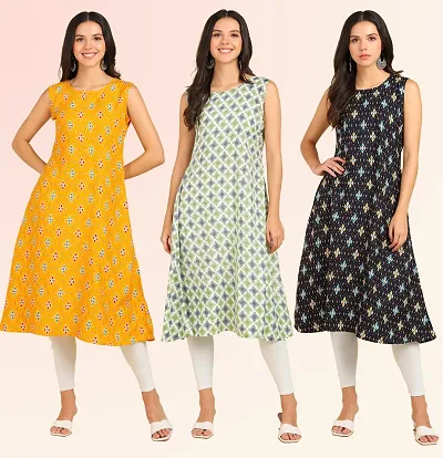 Stylish Anarkali Printed American Crepe Stitched Kurti Pack Of 3