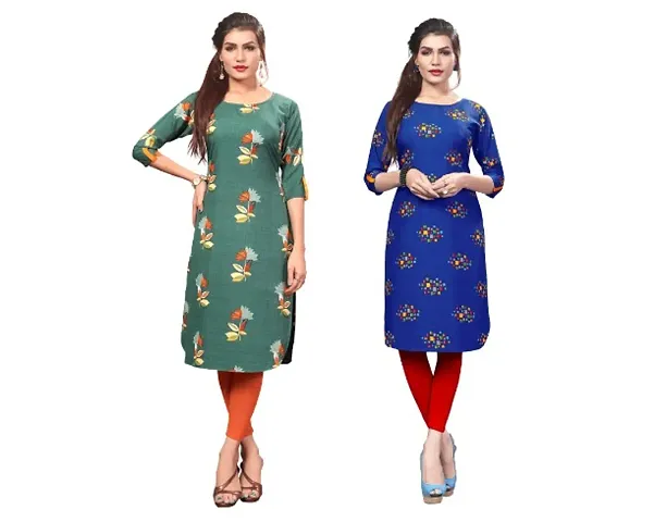 Stylish And Round Neck 3/4 Sleeves Digital Crepe Kurta For Women- Pack of 2