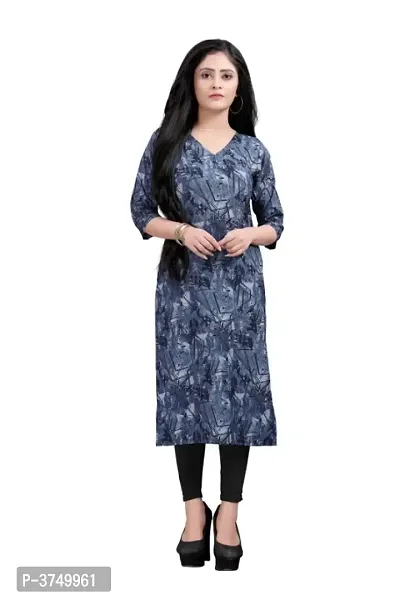 Navy Blue Color Printed Straight Crepe Kurta