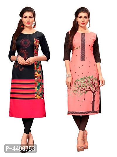 Women's Printed Full-Stitched Crepe Straight Kurti (Combo Pack Of 2)-thumb0
