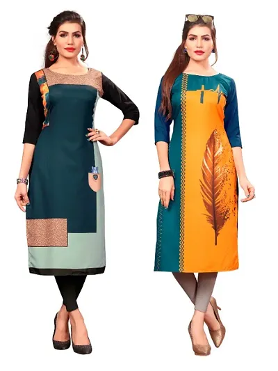 Women's Printed Full-Stitched Crepe Straight Kurti (Combo Pack Of 2)