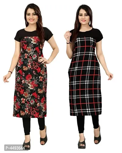 Women's Printed Full-Stitched Crepe Straight Kurti (Combo Pack Of 2)-thumb0