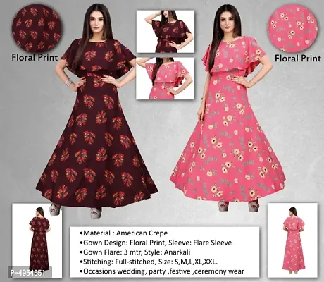 Women's Crepe Floral Printed   Cape Ruffle Sleeves Anarkali Gown (Combo Pack Of 2)