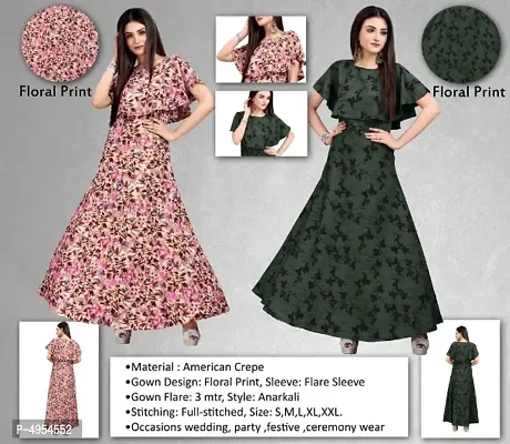 Women's Crepe Floral Printed   Cape Ruffle Sleeves Anarkali Gown(Combo Pack Of 2)-thumb0