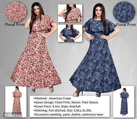 Women's Crepe Floral Printed   Cape Ruffle Sleeves Anarkali Gown(Combo Pack Of 2)-thumb0