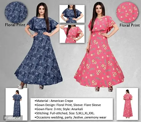 Women's Crepe Floral Printed   Cape Ruffle Sleeves Anarkali Gown (Combo Pack Of 2)