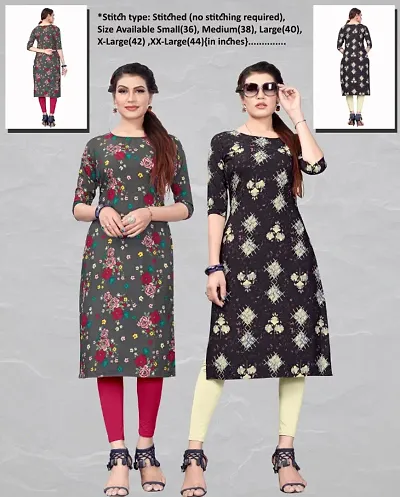 Women's Printed Full-Stitched Crepe Straight Kurti (Combo Pack Of 2)