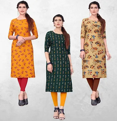 Women's Printed Full-Stitched Crepe Straight Kurti (Combo Pack Of 3)