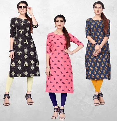 Women's Printed Full-Stitched Crepe Straight Kurti (Combo Pack Of 3)