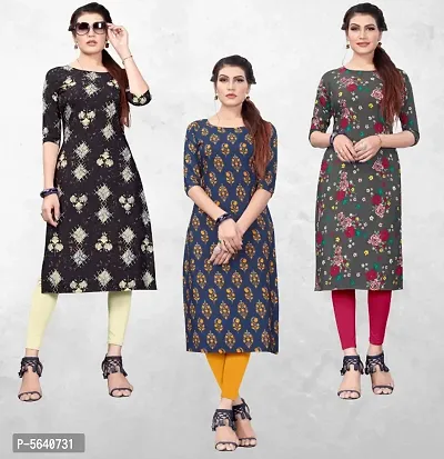 Women's Printed Full-Stitched Crepe Straight Kurti (Combo Pack Of 3)-thumb0
