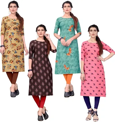 Women's Printed Full-Stitched Crepe Straight Kurti (Combo Pack Of 4)