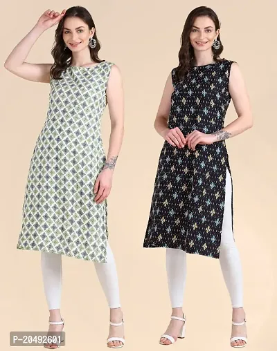 Womens Sleeveless Crepe Printed Kurta Pack Of 2