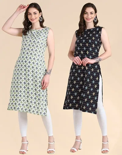 Stylish Sleeveless Crepe Printed Kurta Pack Of 2