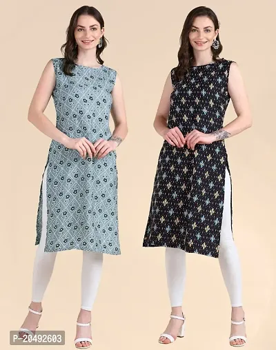 Womens Sleeveless Crepe Printed Kurta Pack Of 2