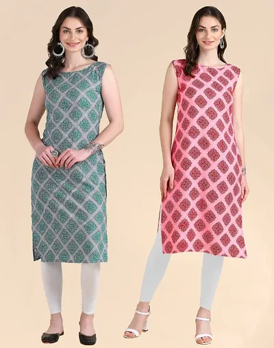 Womens Sleeveless Crepe Printed Kurta Pack Of 2