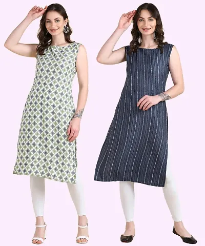 Womens Sleeveless Crepe Printed Kurta Pack Of 2 Kurtis