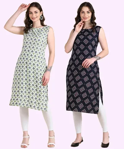 Womens Sleeveless Crepe Printed Kurta Pack Of 2 Kurtis