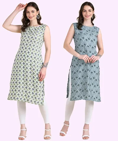 Womens Sleeveless Crepe Printed Kurta Pack Of 2