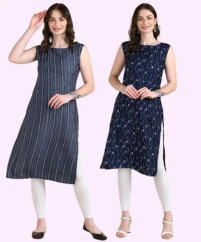 Womens Sleeveless Crepe Printed Kurta Pack Of 2 Kurtis