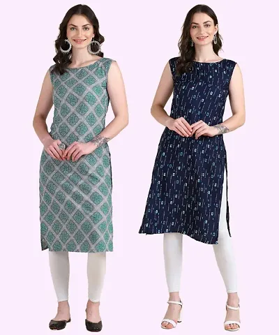 Womens Sleeveless Crepe Printed Kurta Pack Of 2 Kurtis