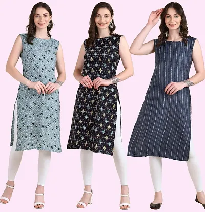 Stylish Printed Crepe Sleeveless Kurti Pack Of 4