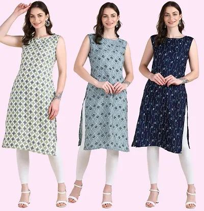 Stylish Printed Crepe Sleeveless Kurti Pack Of 3