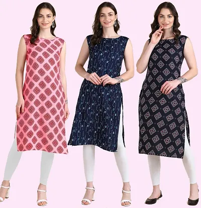 Stylish Printed Crepe Sleeveless Kurti Pack Of 3