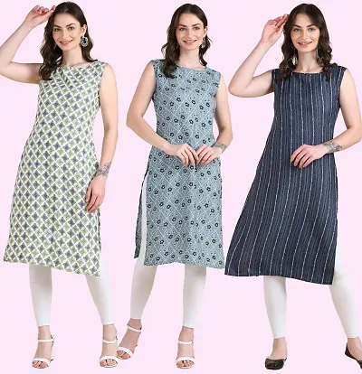 Stylish Printed Crepe Sleeveless Kurti Pack Of 3