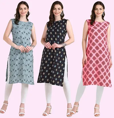 Stylish Printed Crepe Sleeveless Kurti Pack Of 3