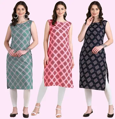 Stylish Printed Crepe Sleeveless Kurti Pack Of 3